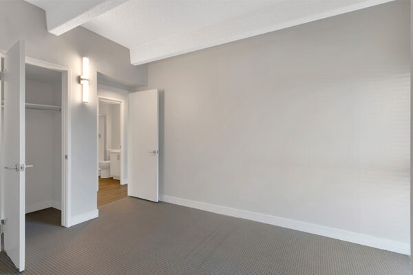 Bedroom with carpet, cool gray walls, decorative lighting fixture, and large closet.
