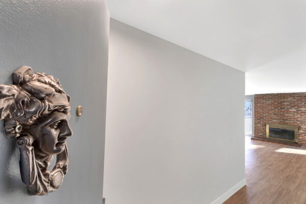 Detail of decorative metal door knocker shaped as woman's face.