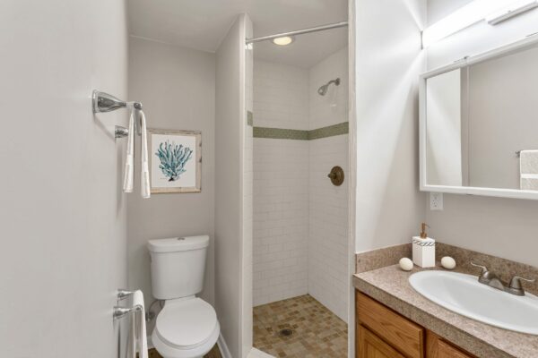 Bathroom with wood cabinets, stone counter, and tiled shower.