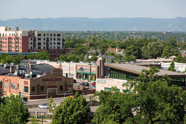 View from 7 S Denver Haus towards restaurants and shops along 6th Avenue.
