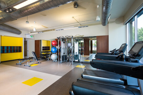 Fitness center with cardio and weight equipment, mirror walls, and large windows.