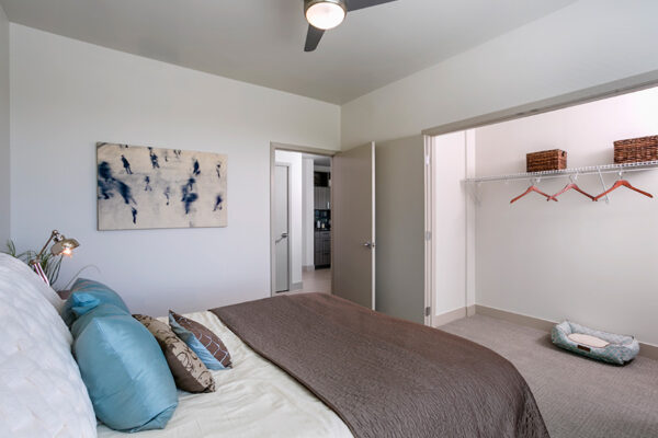 Bedroom with carpet, plush platform bed, artwork, and large closet.