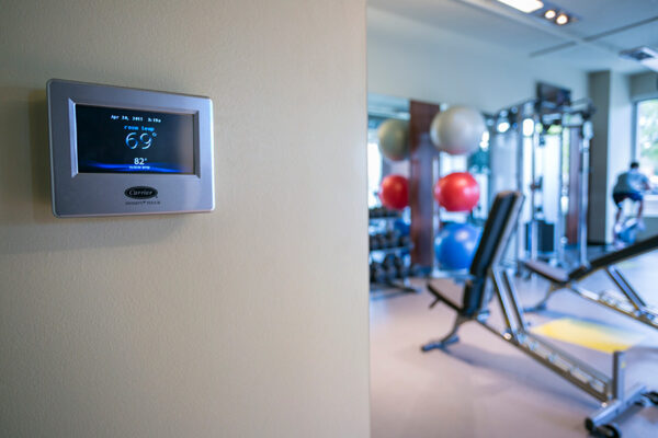 Detail of thermostat in fitness center.