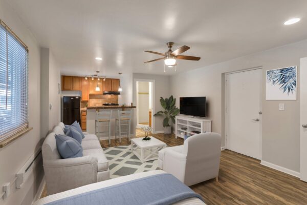 Living area with plush seating, kitchen with breakfast bar, and door to bathroom.