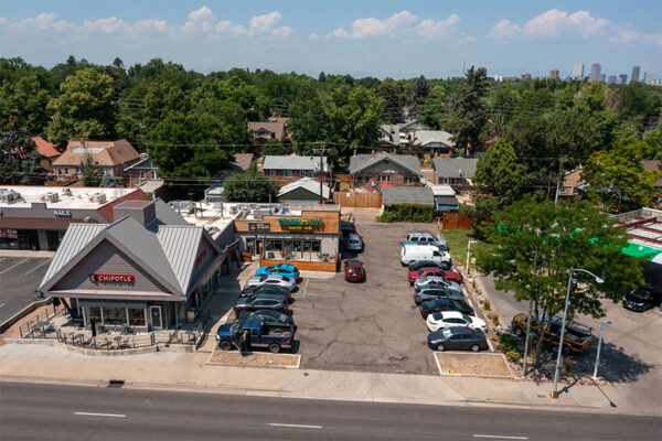 Aerial view of Chipotle and Cheba Hut restaurants nearby.