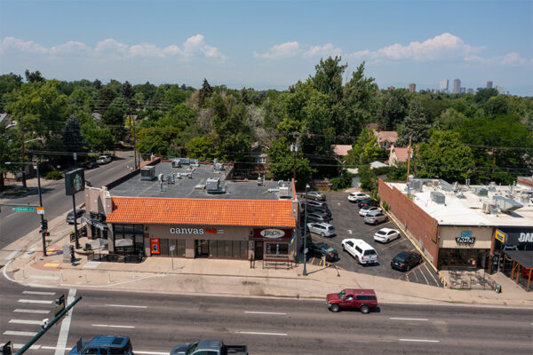 Aerial view of Starbucks coffee and Canvas credit union nearby.