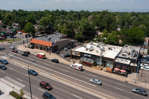 Aerial view of Falafel, Dae Gee, and Swing Thai restaurants nearby.
