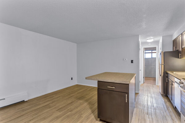Livng area with wood floor, cool gray walls, kitchen island, and hallway to bathroom.