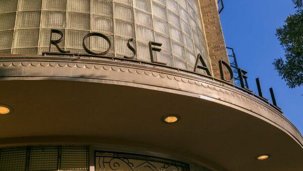 970 Penn apartment with glass brick construction and art deco style Rose Adell sign.