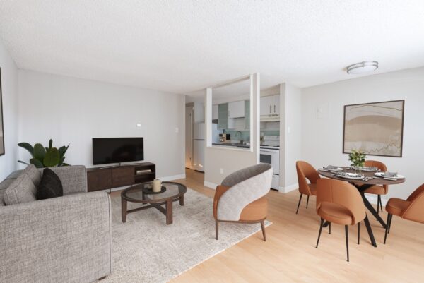 living room with couches and tv and dining area