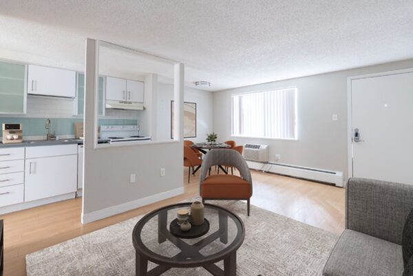living room with view of kitchen and dining area