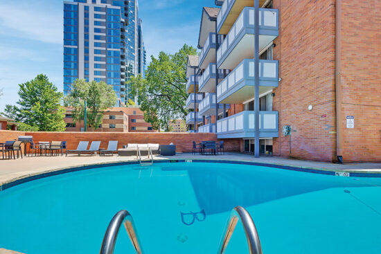 Outdoor pool with views.