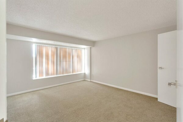 Bedroom with carpet, grey walls, white trim, and large windows.