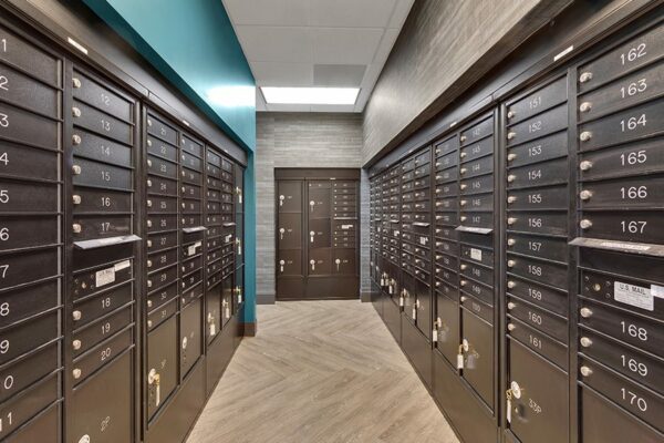 Mail room with wood floor, blue accent wall, and locked mailboxes.