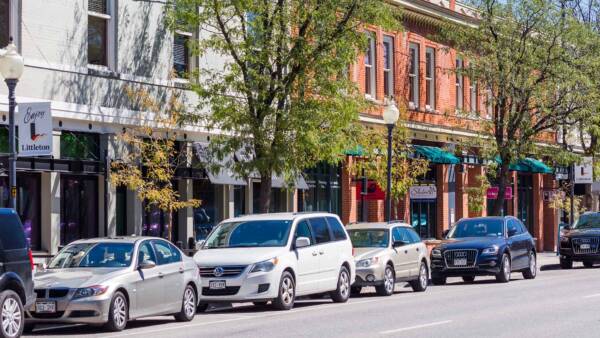 Littleton Boulevard through downtown Littleton lined with vintage shops, tall trees, and parked cars.