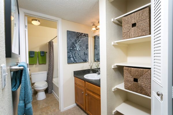 Bathroom and closet with built in shelving, wood cabinet, dark counter, and towel rod.