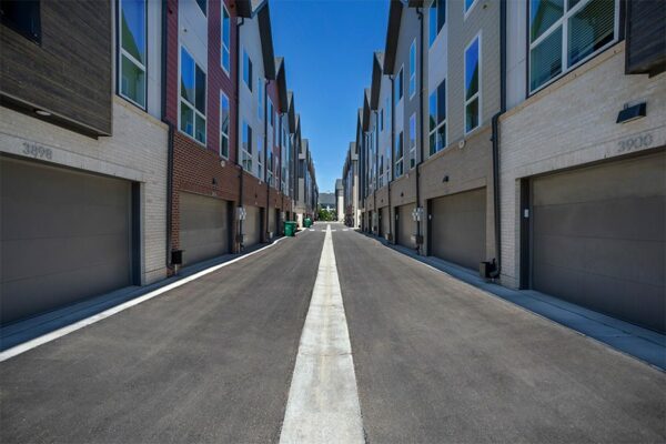Alleyway between Dayton Station townhomes with garages.