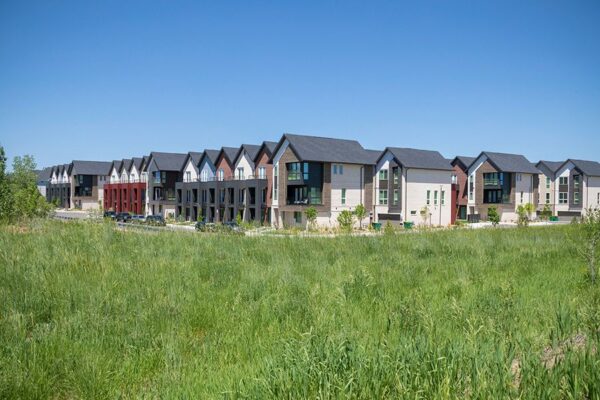 Dayton Station townhomes surrounded by tall grass and open space.