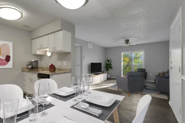Apartment living area with modern kitchen, plush living room, and balcony door.