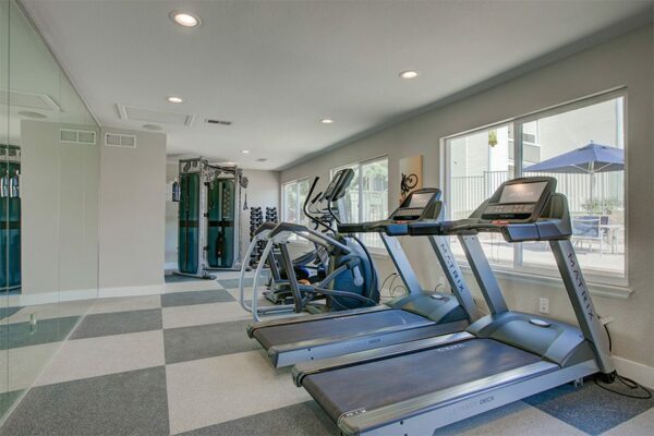 Fitness center with mirror wall, large windows, cardio machines, and weight equipment.