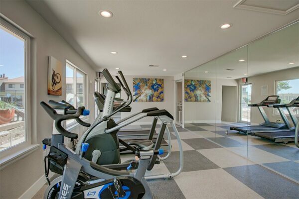 Fitness center with mirror wall, large windows, cardio machines, and weight equipment.