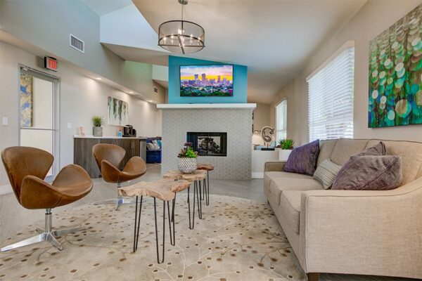 Lounge with skylight, modern furniture, fireplace, wall mounted TV, and eclectic decor.