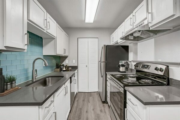 Kitchen with wood floor, white cabinets, dark counters, stainless steel appliances, and tiled backsplash.