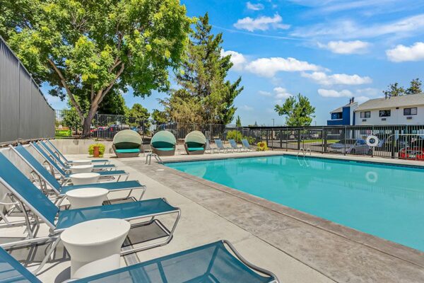 Hadley exterior pool with lounge chairs.