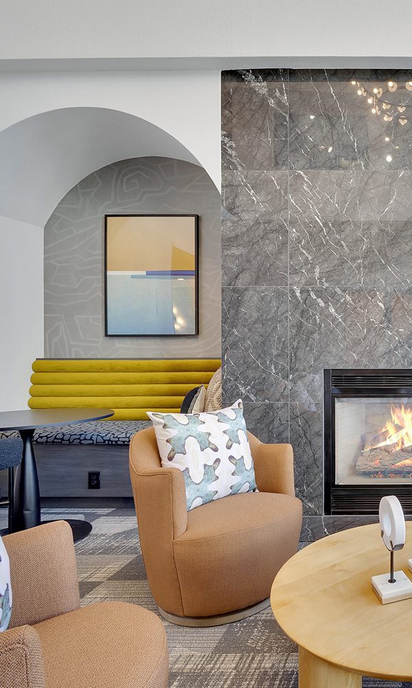 Communal lobby with lounge seating.