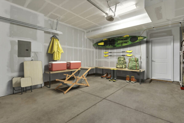Rendering of a garage with storage.
