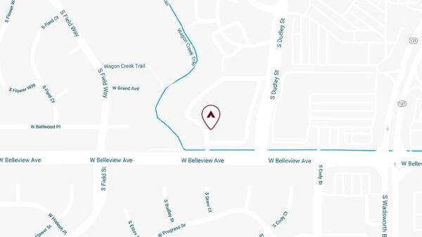 Map showing location of Cottonwood Creek apartments on Belleview Avenue in Littleton.