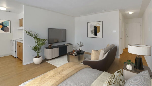 Rendering of 60 Corona apartment living area with furniture and wall art.