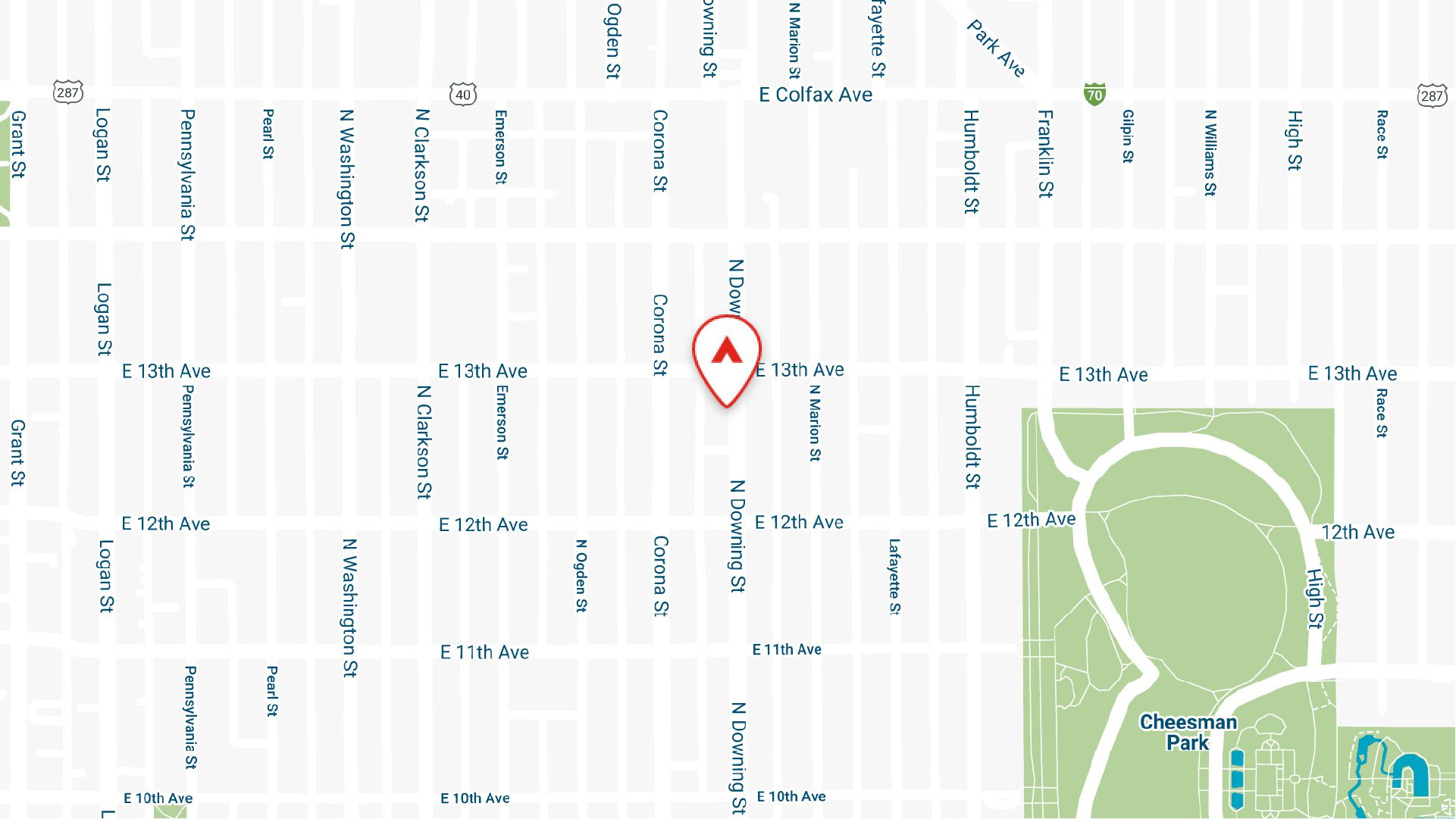 Static map showing the location of 1265 Downing apartments in Denver, CO