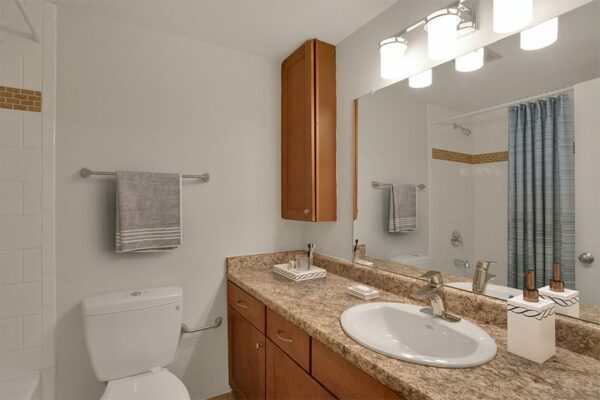 Bathroom with wood cabinets, stone counter, large mirror with light fixture, and tiled shower tub.