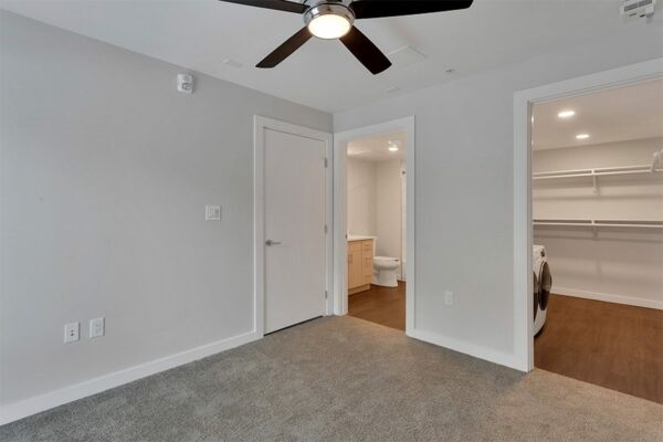 Bedroom with carpet, grey walls, ceiling fan, and doors to closet and bathroom.