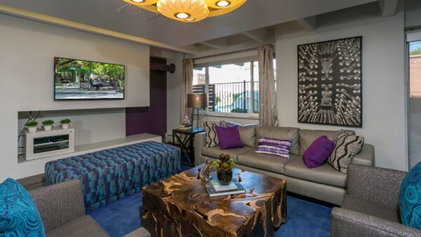 amenity space with couches, tv, and lots of space