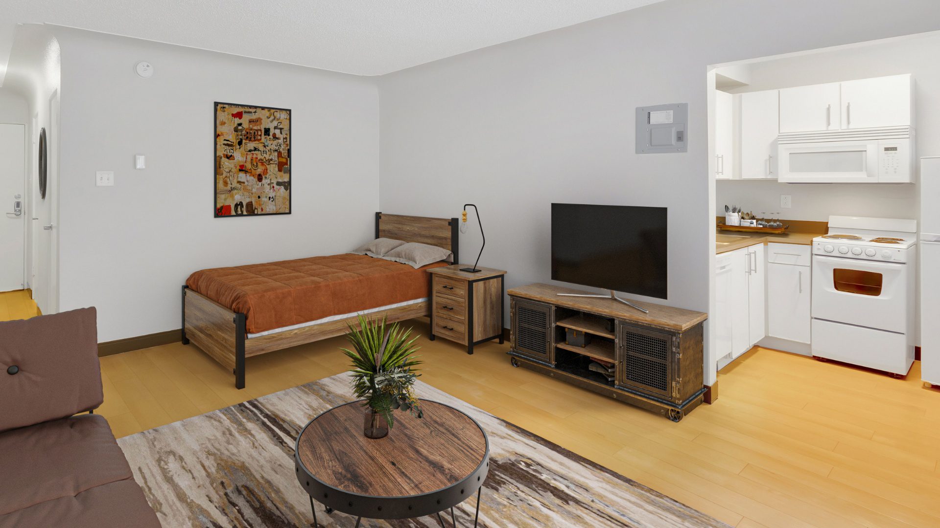 studio apartment with bed, tv, coucha nd view of kitchen