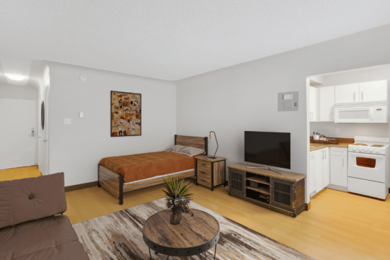 studio apartment with bed, tc, and couch with kitchen