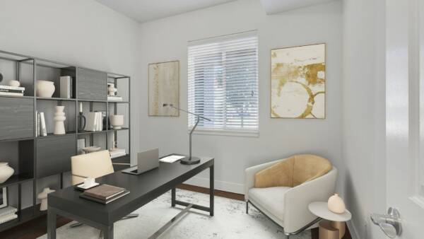 Rendering of an office with wood floors, a window, and a closet.