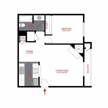 Rendering of the 1 Bed 1 Bath Floor Plan