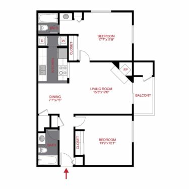 Rendering of the 2 Bed 2 Bath Floor Plan