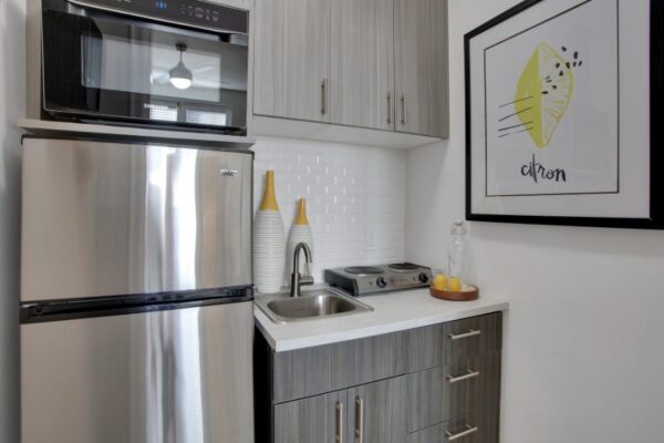 kitchenette with fridge, counters, and a pluin stove top appliance