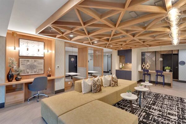 Community room with seating and work spaces.