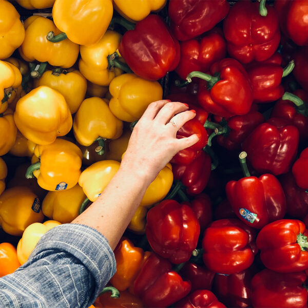 Person reaching into bin of yellow and red peppers.