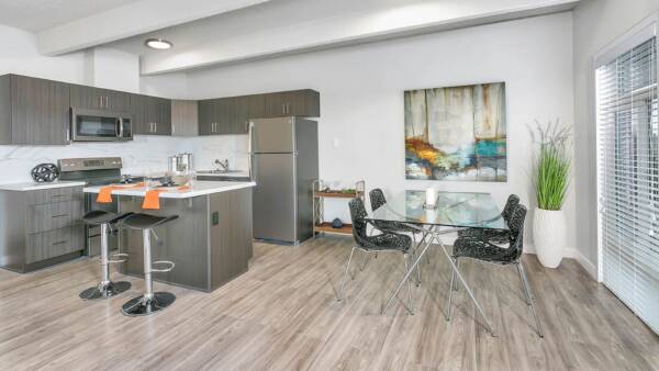Kitchen and dining with wood floor and cabinets, light counters, stainless steel appliances, and modern dining table.