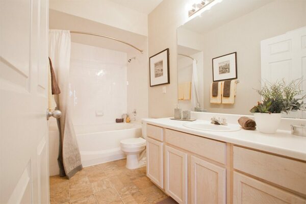Bathroom with tile, white cabinets and counter, large mirror, and tiled shower tub with curtain.