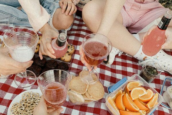 People toasting with drinks while having picnic on red checker blanket with variety of foods.