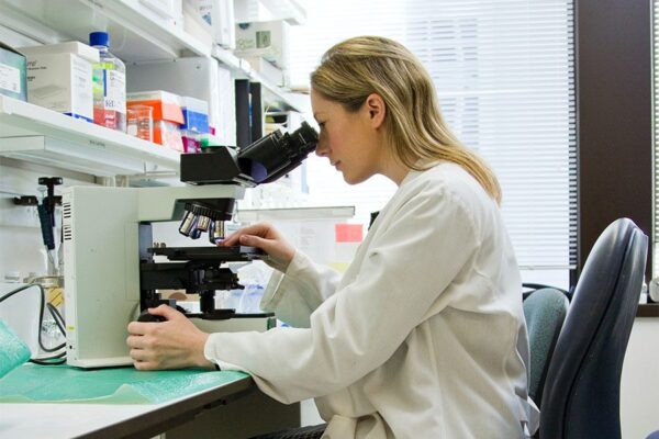 Doctor with long blonde hair in lab coat examining slides with a microscope.