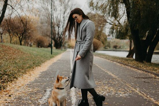 Person with long brown hair in grey trench coat and tall boots walking shiba inu dog on tree lined path.
