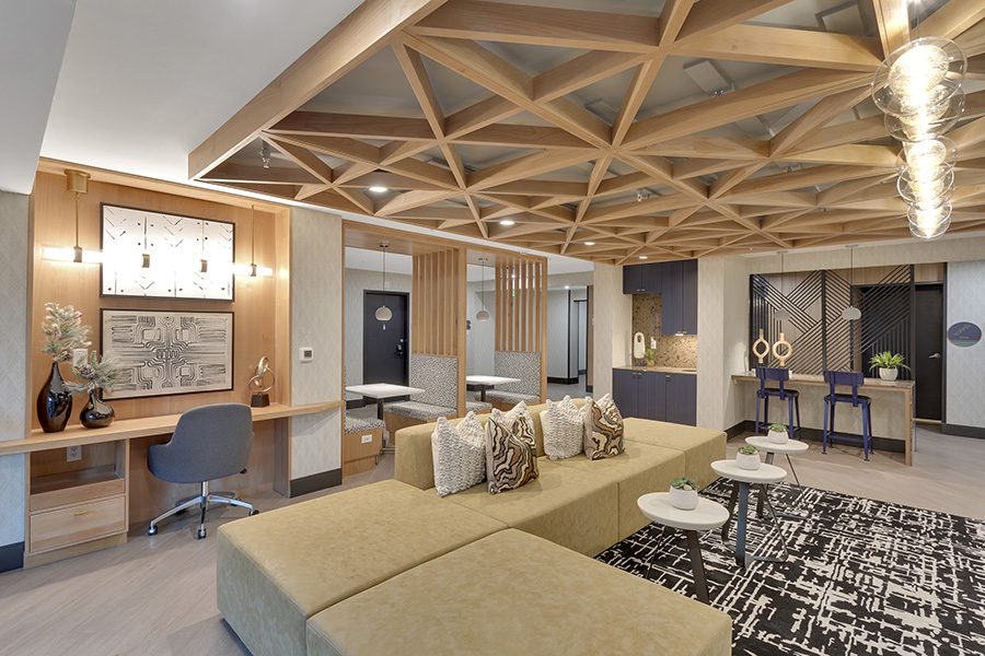 Story apartments lounge with plus seating and co working space.